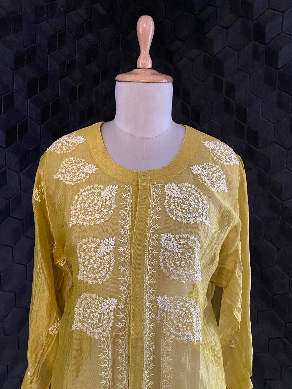 Lime Yellow Stripe Chanderi Chikankari Shirt
