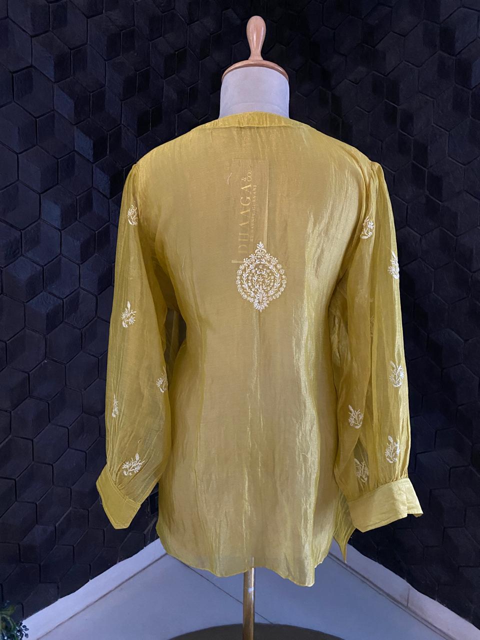 Lime Yellow Stripe Chanderi Chikankari Shirt