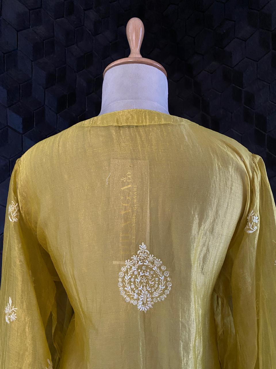 Lime Yellow Stripe Chanderi Chikankari Shirt