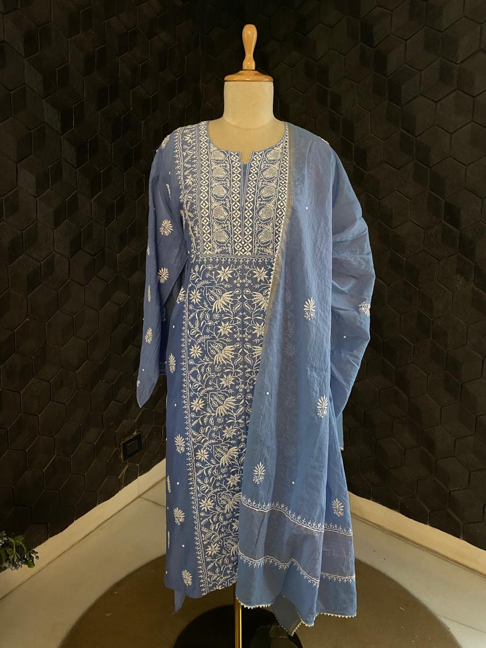 Cobalt Blue Mul Chanderi Chikankari Kurta Set