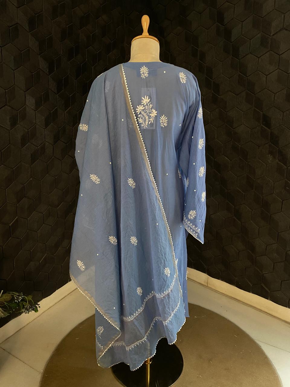 Cobalt Blue Mul Chanderi Chikankari Kurta Set