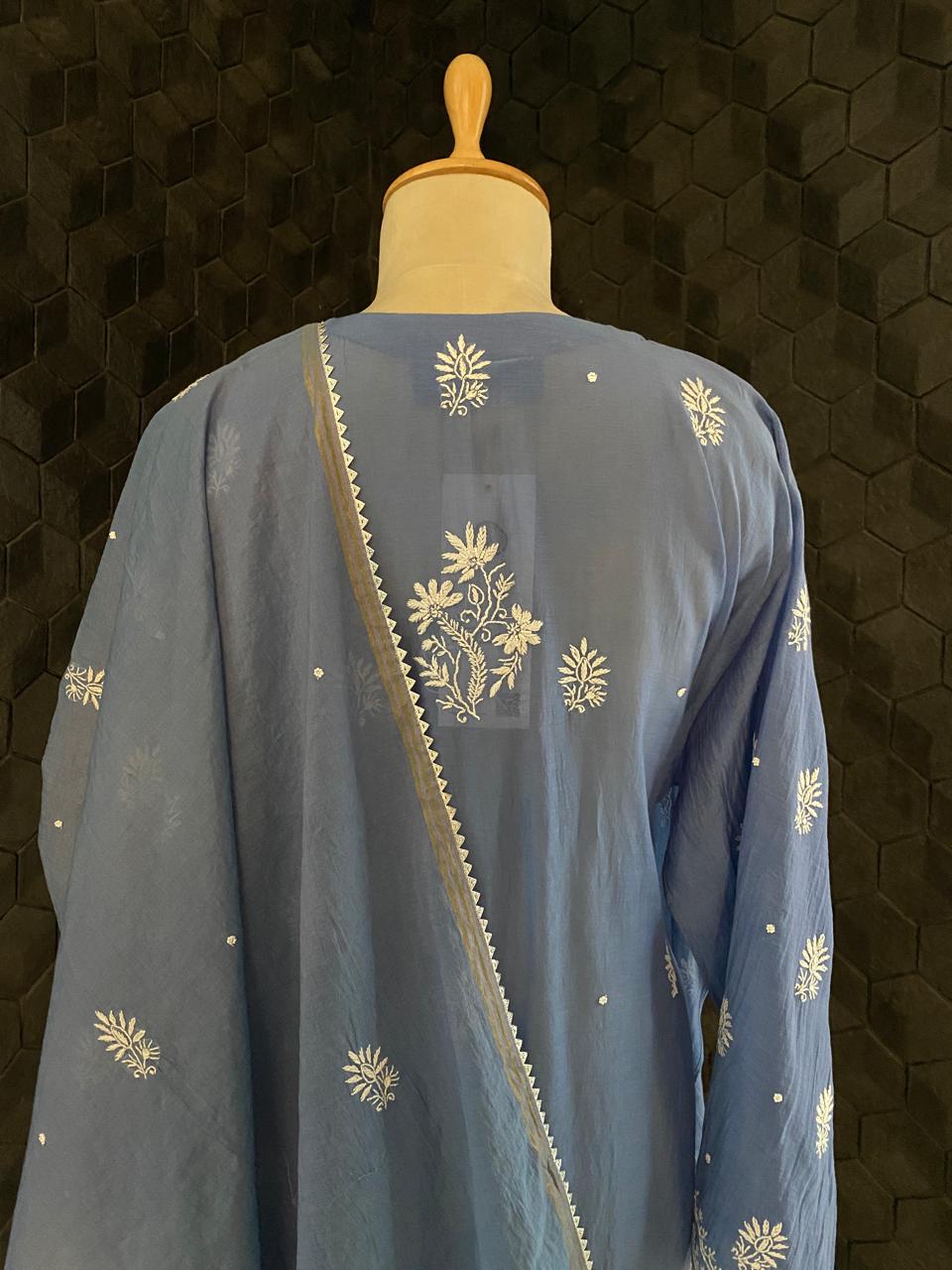 Cobalt Blue Mul Chanderi Chikankari Kurta Set