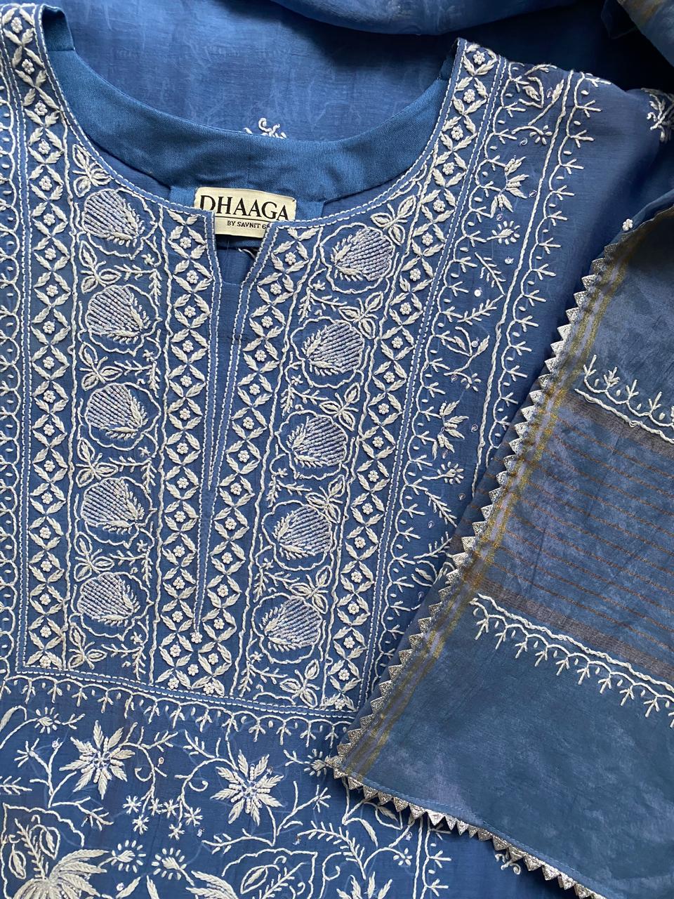 Cobalt Blue Mul Chanderi Chikankari Kurta Set