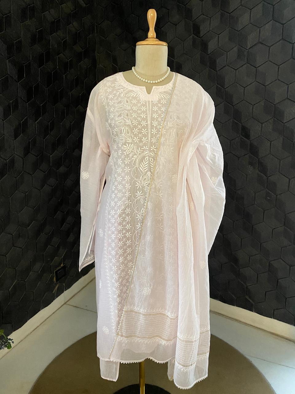 Pink Mul Chanderi Chikankari Kurta Set