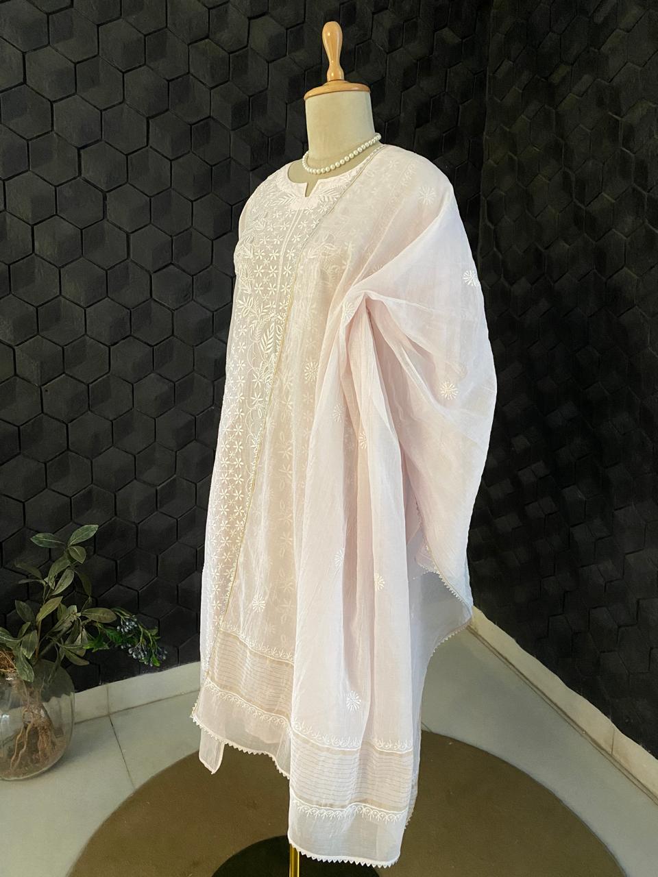 Pink Mul Chanderi Chikankari Kurta Set