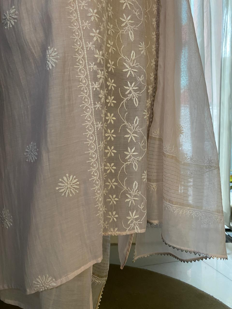 Pink Mul Chanderi Chikankari Kurta Set