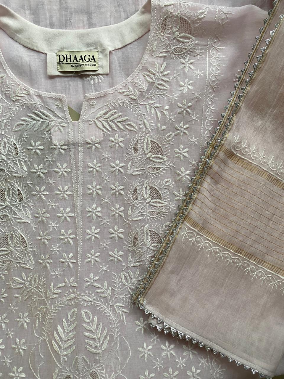 Pink Mul Chanderi Chikankari Kurta Set