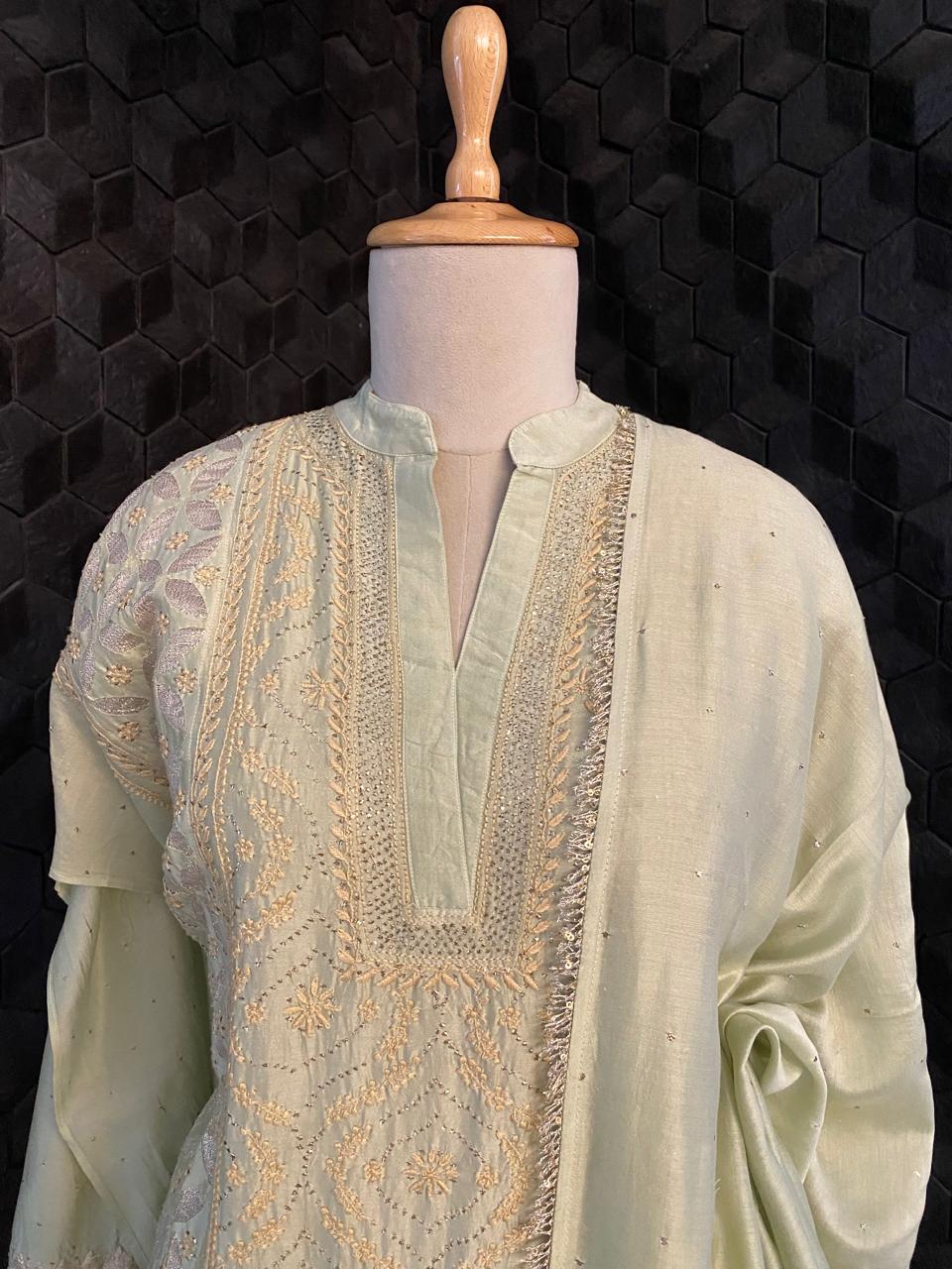 Sage Green Chanderi Chikankari Kurta Set