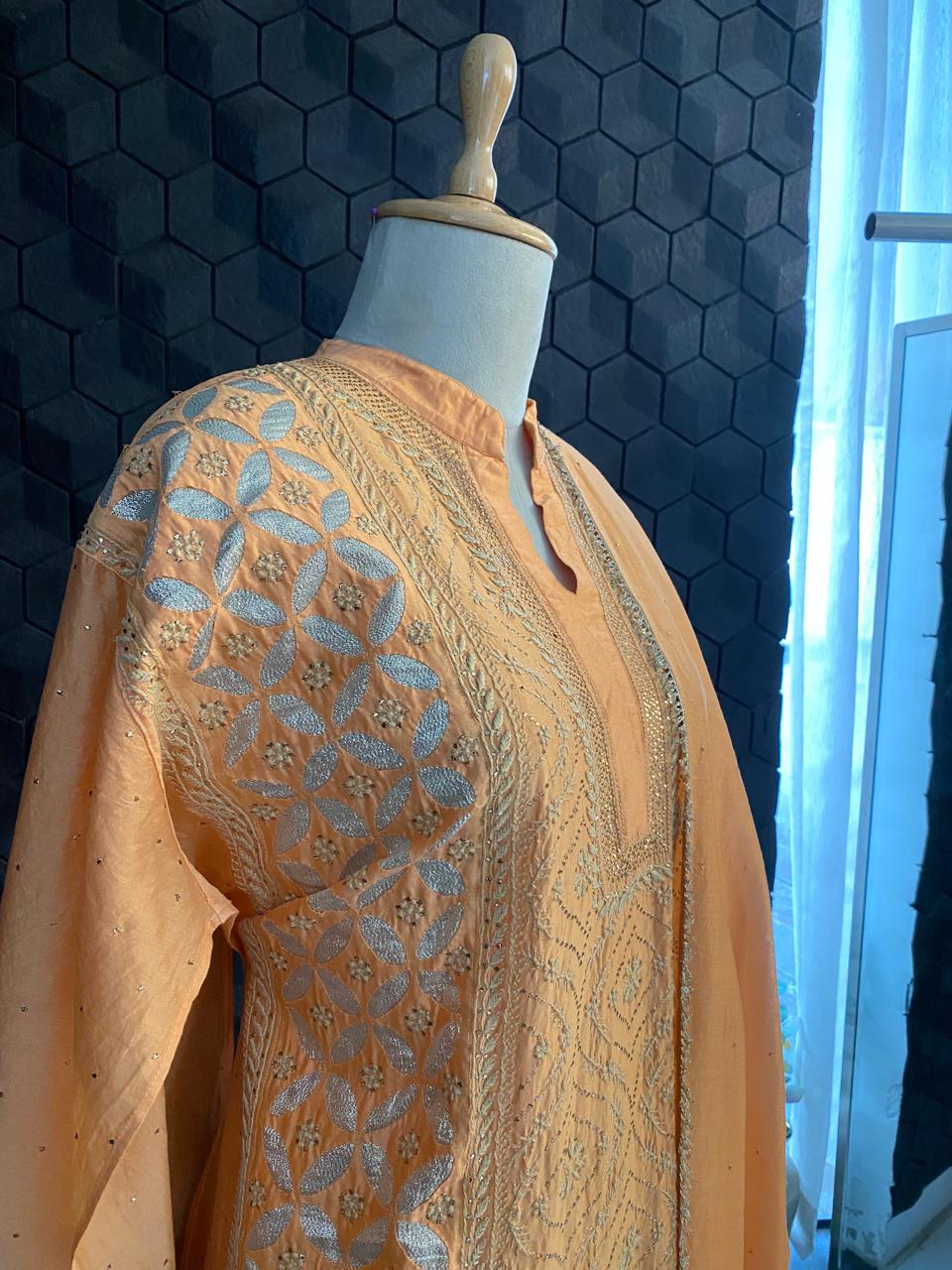 Orange Chanderi Chikankari Kurta Set