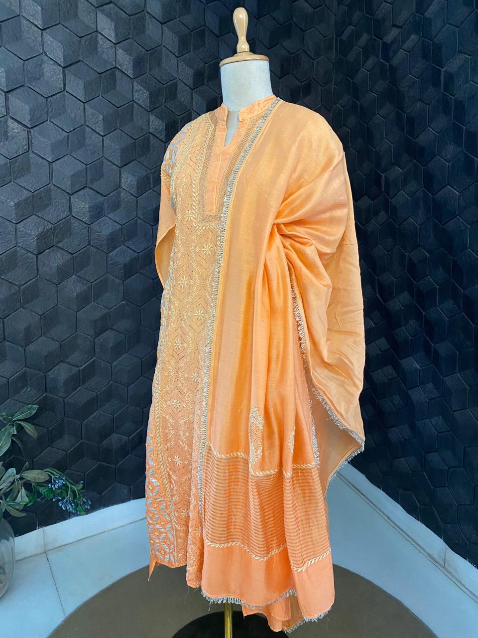 Orange Chanderi Chikankari Kurta Set