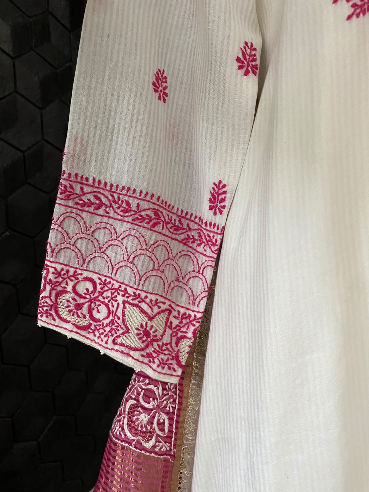 White Maheshwari Chikankari Anarkali set in Striped Chanderi