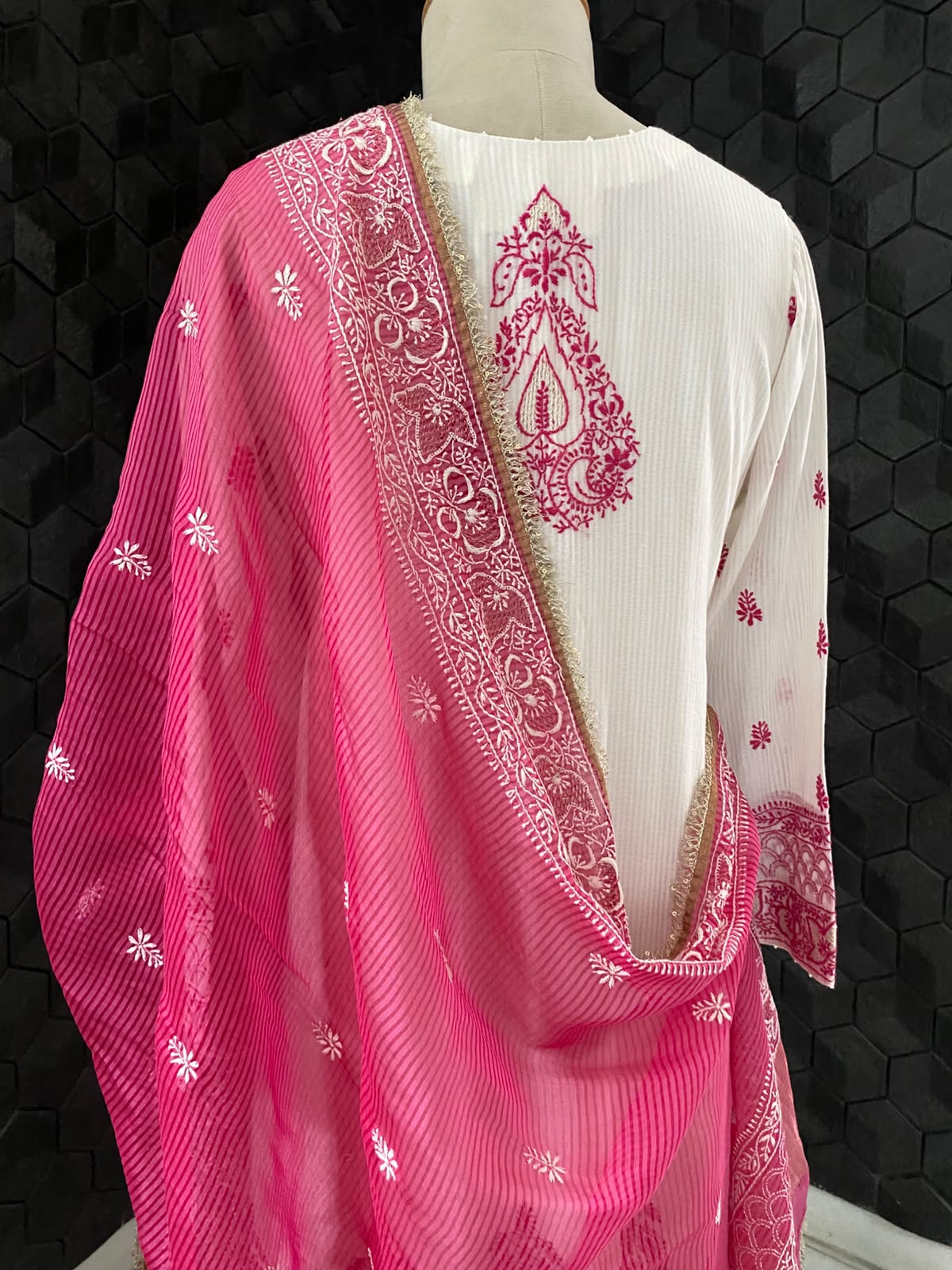 White Maheshwari Chikankari Anarkali set in Striped Chanderi