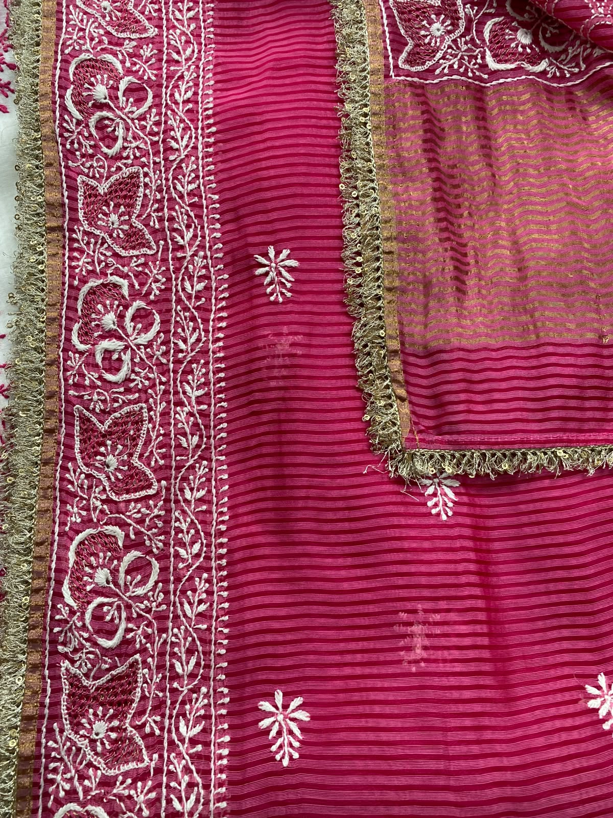 White Maheshwari Chikankari Anarkali set in Striped Chanderi