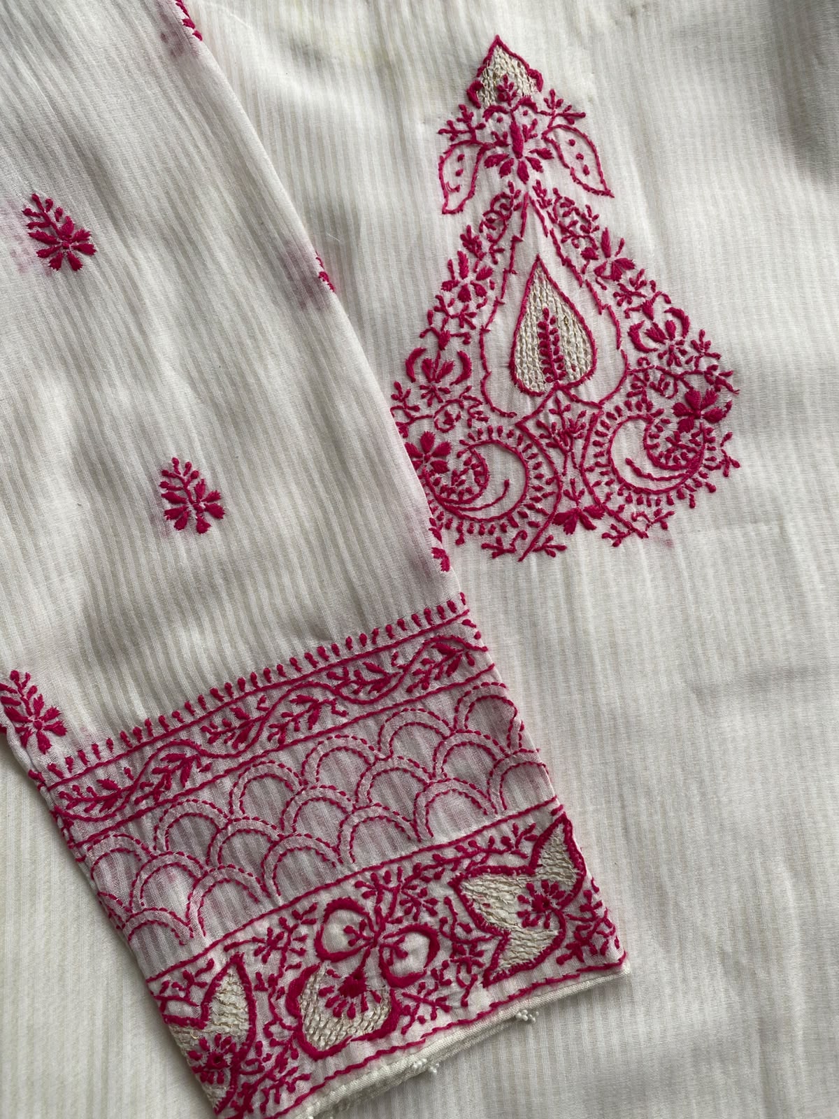 White Maheshwari Chikankari Anarkali set in Striped Chanderi