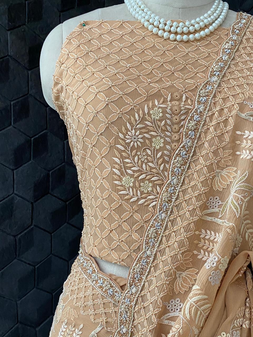 Bronze Chiffon Chikankari Saree