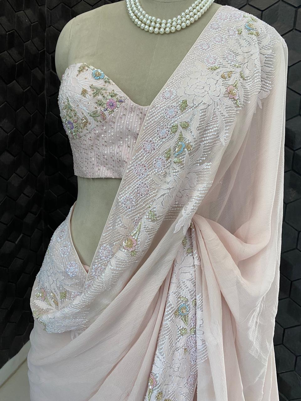 Powder Pink Chiffon Chikankari Saree