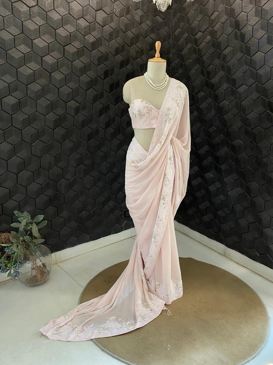 Powder Pink Chiffon Chikankari Saree