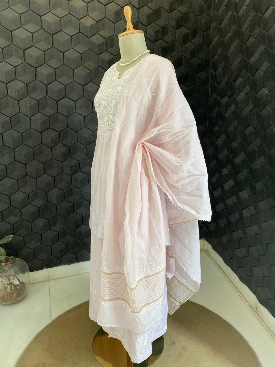 Blush Pink Chanderi Chikankari Co-ord with Dupatta
