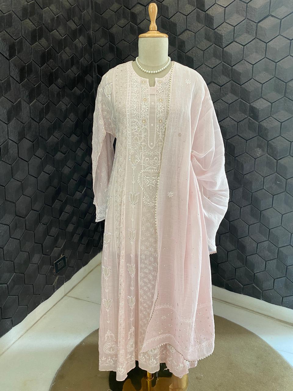 Blush Pink Anarkali Suit in Mul Chanderi