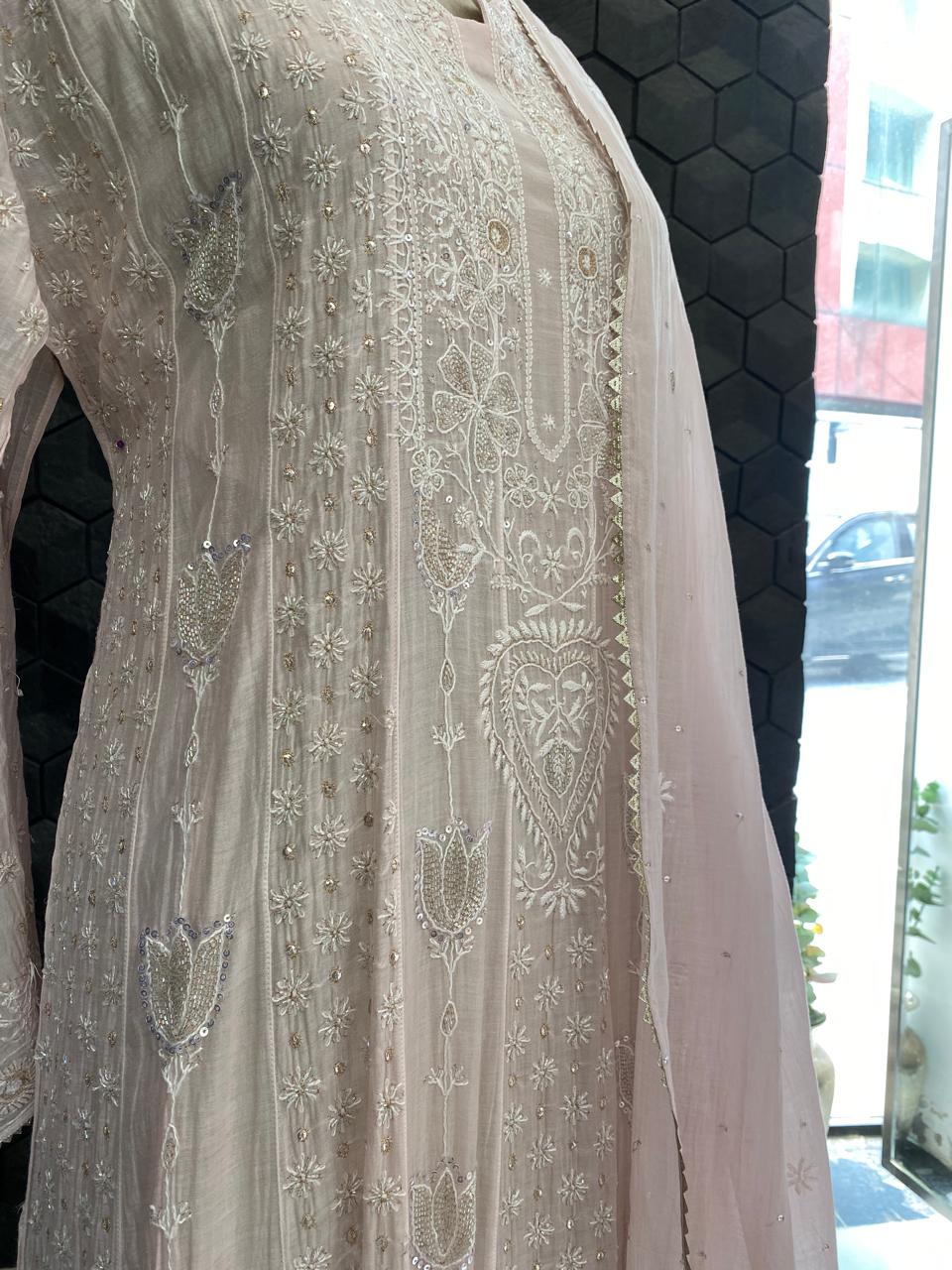Blush Pink Anarkali Suit in Mul Chanderi