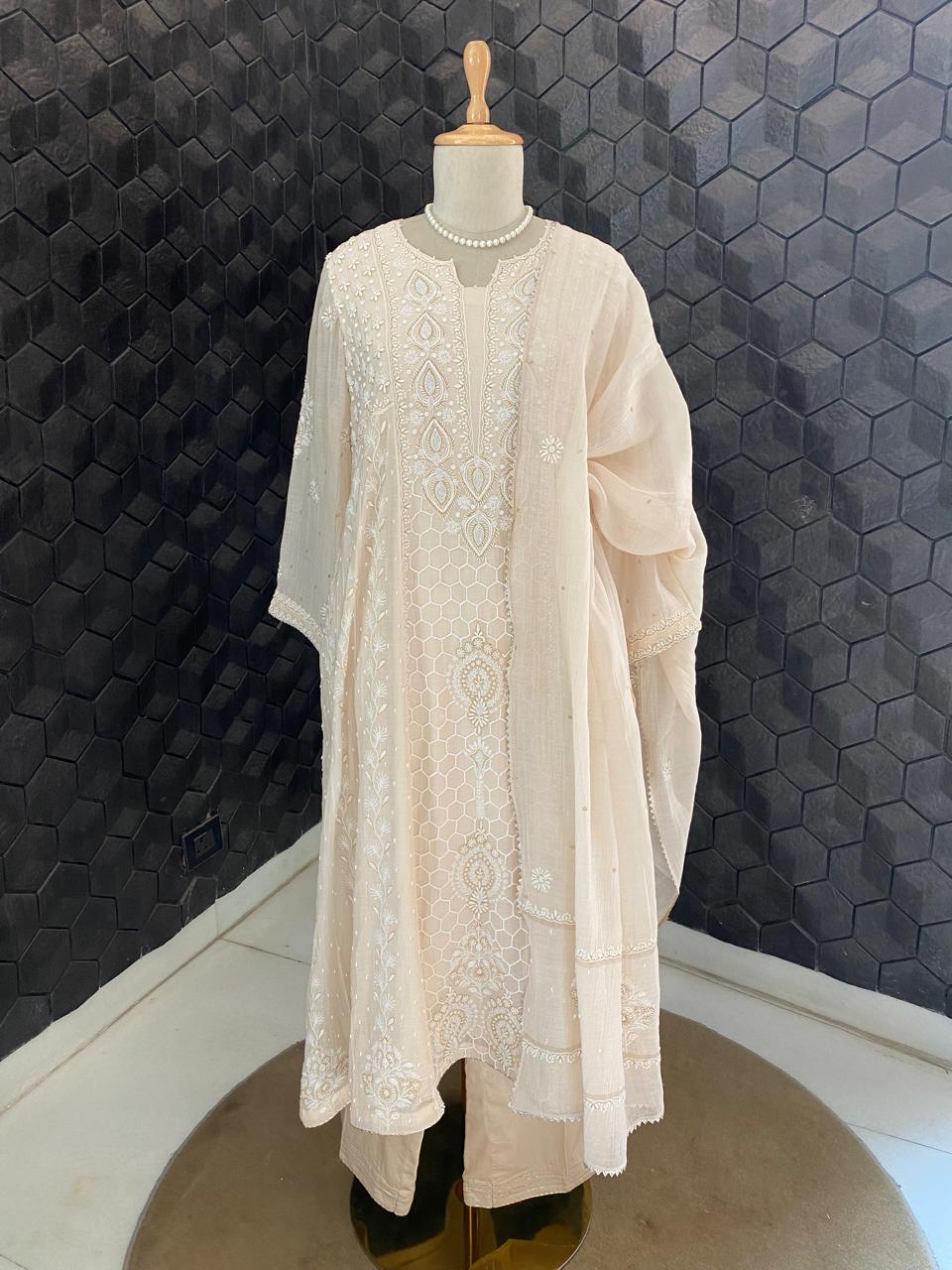 Beige Mul Chikankari A-Line kurta set