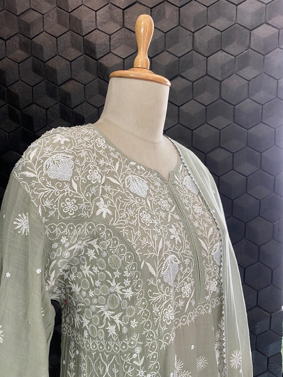Grey Mul Chanderi Chikankari A-Line Kurta Set