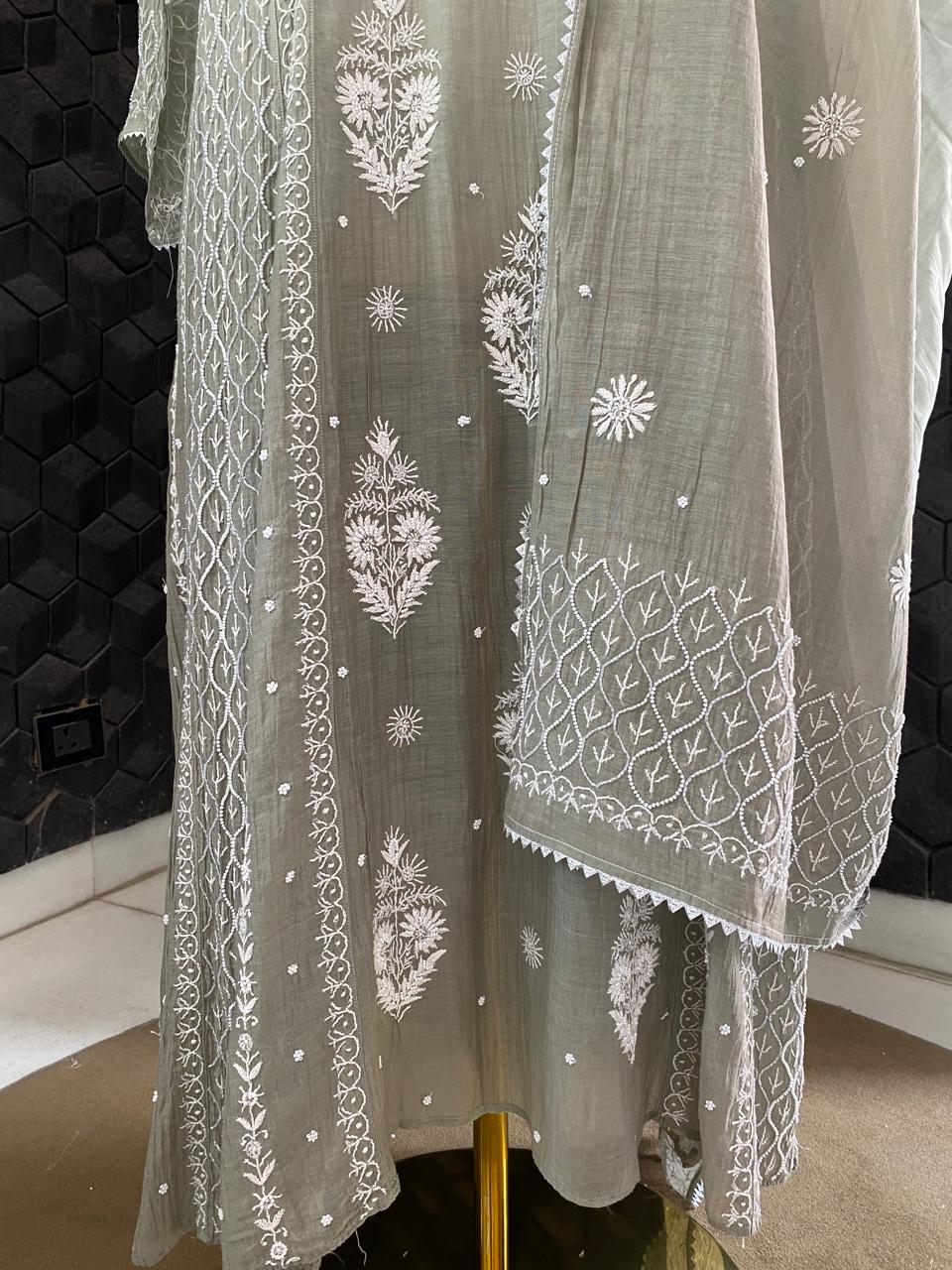 Grey Mul Chanderi Chikankari A-Line Kurta Set