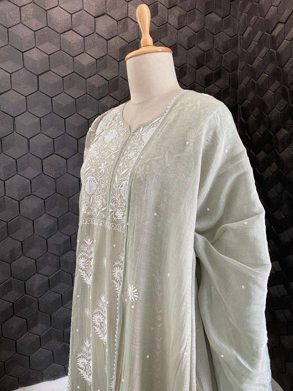 Grey Mul Chanderi Chikankari A-Line Kurta Set