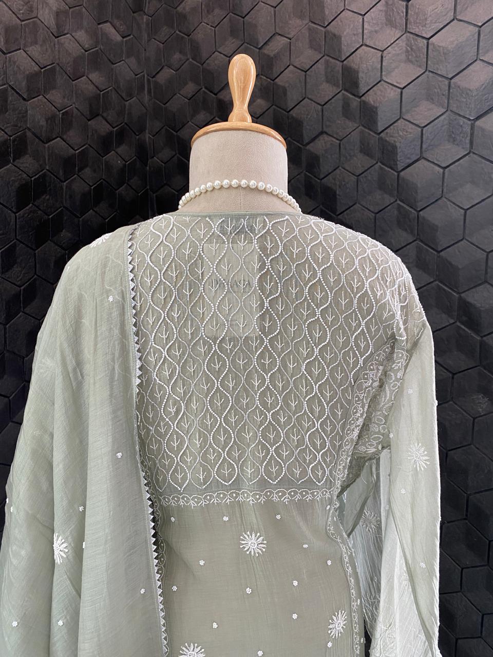 Grey Mul Chanderi Chikankari A-Line Kurta Set