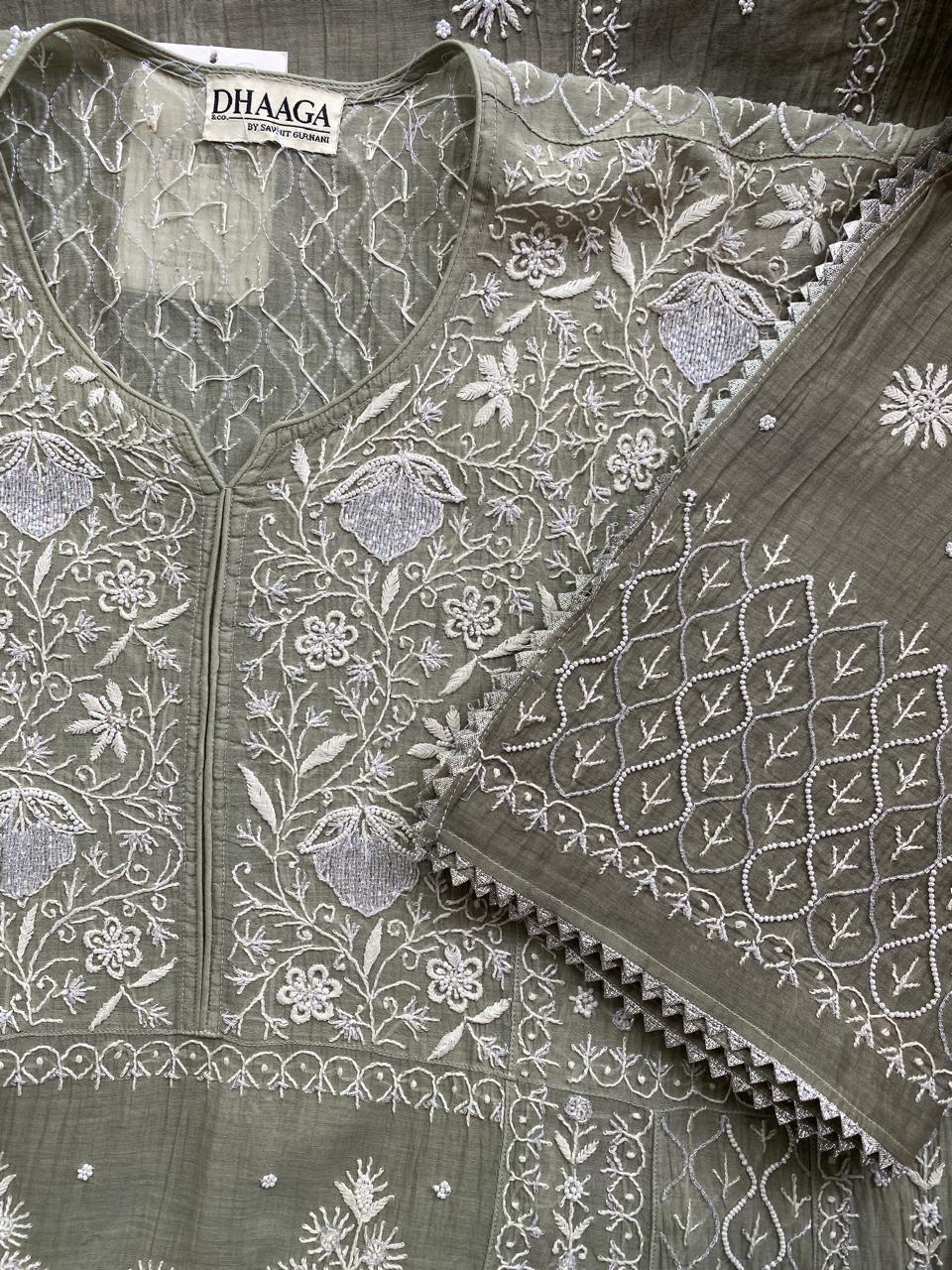 Grey Mul Chanderi Chikankari A-Line Kurta Set