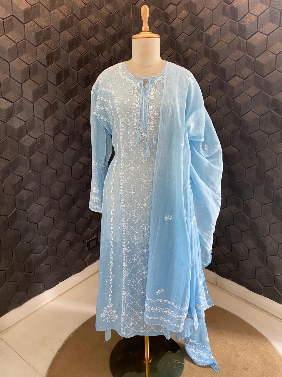 Sky Blue Mul Chanderi Chikankari A-Line Kurta Set