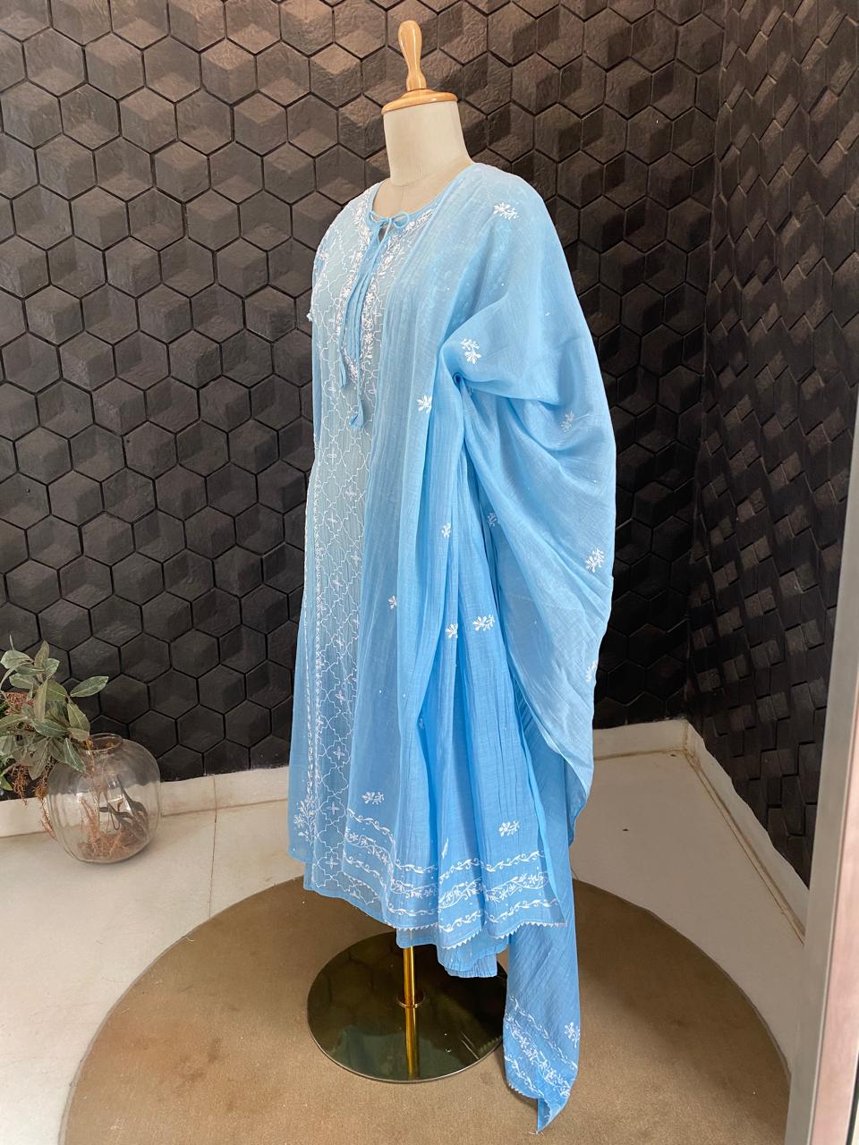 Sky Blue Mul Chanderi Chikankari A-Line Kurta Set