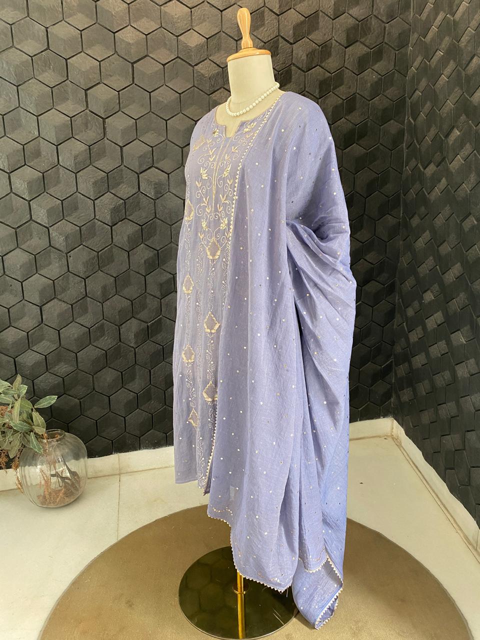 Ash Blue Golden tissue Mukaish and Kamdani Kurta Set