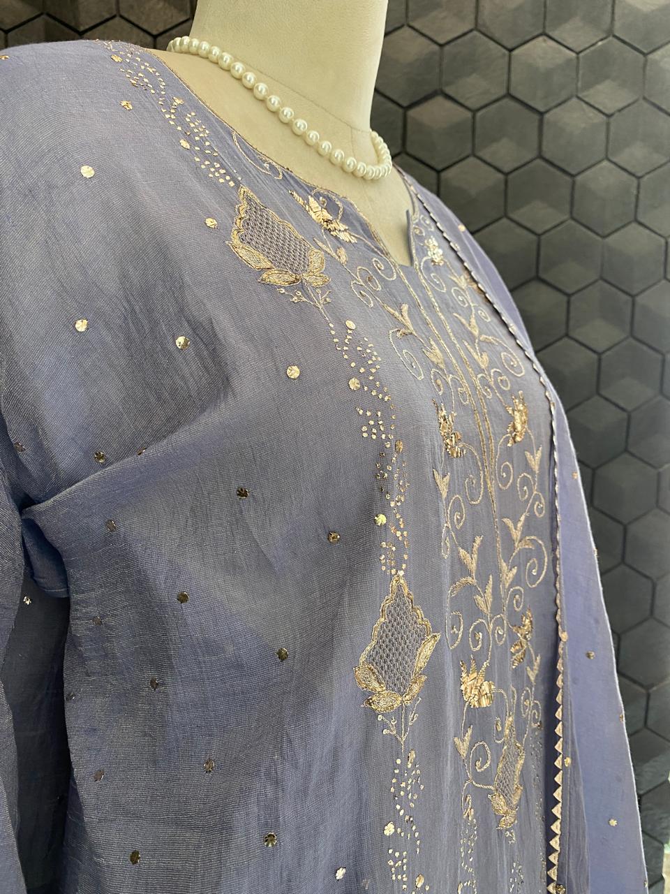 Ash Blue Golden tissue Mukaish and Kamdani Kurta Set