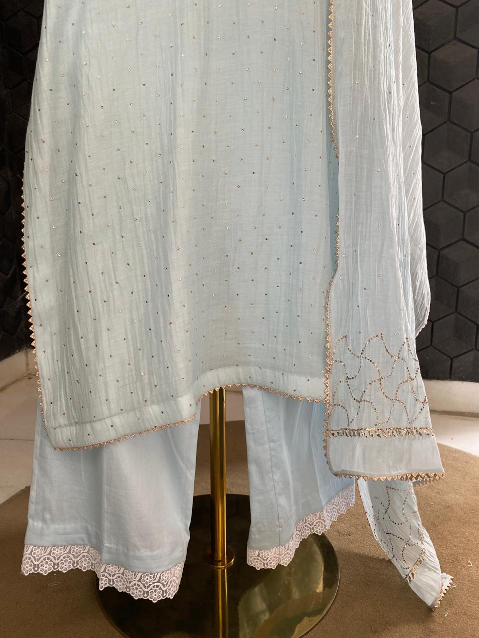 Powder Blue Mul Chanderi Mukaish Kurta Set