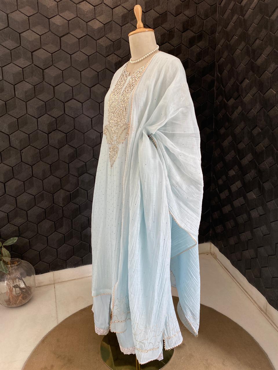 Powder Blue Mul Chanderi Mukaish Kurta Set