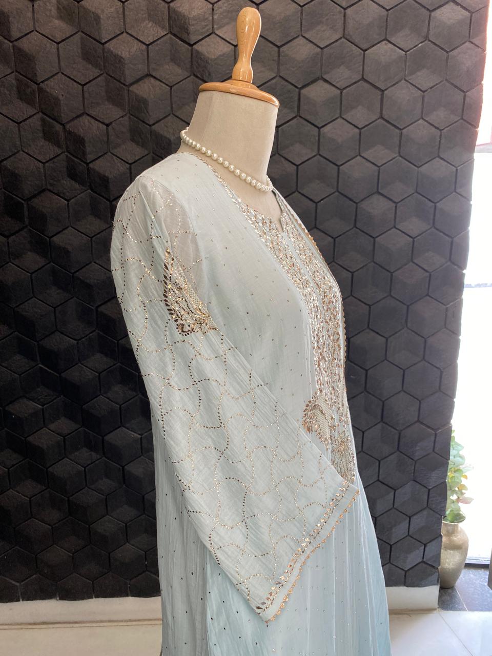 Powder Blue Mul Chanderi Mukaish Kurta Set