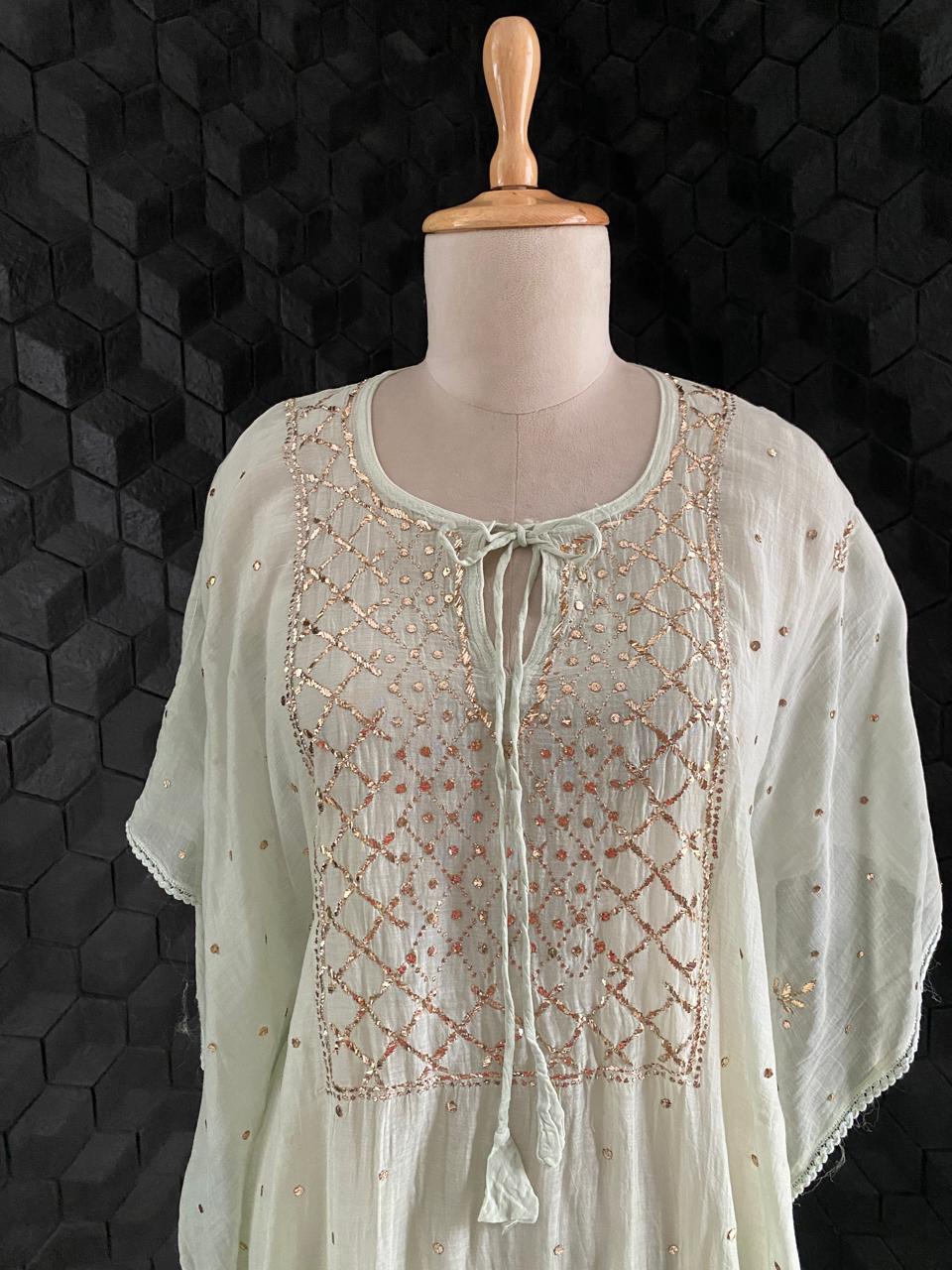 pista Green Mul Chanderi Chikankari Kaftan