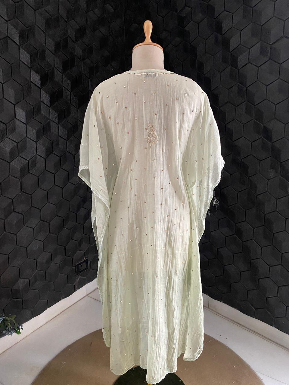 pista Green Mul Chanderi Chikankari Kaftan