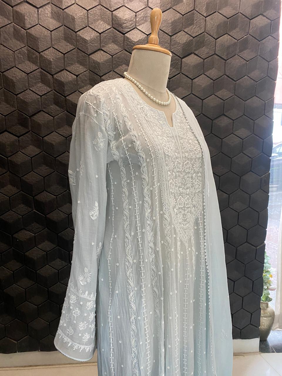 Sky Blue A Line Mul chanderi Kurta Set