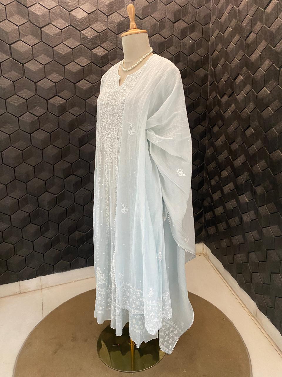Sky Blue A Line Mul chanderi Kurta Set
