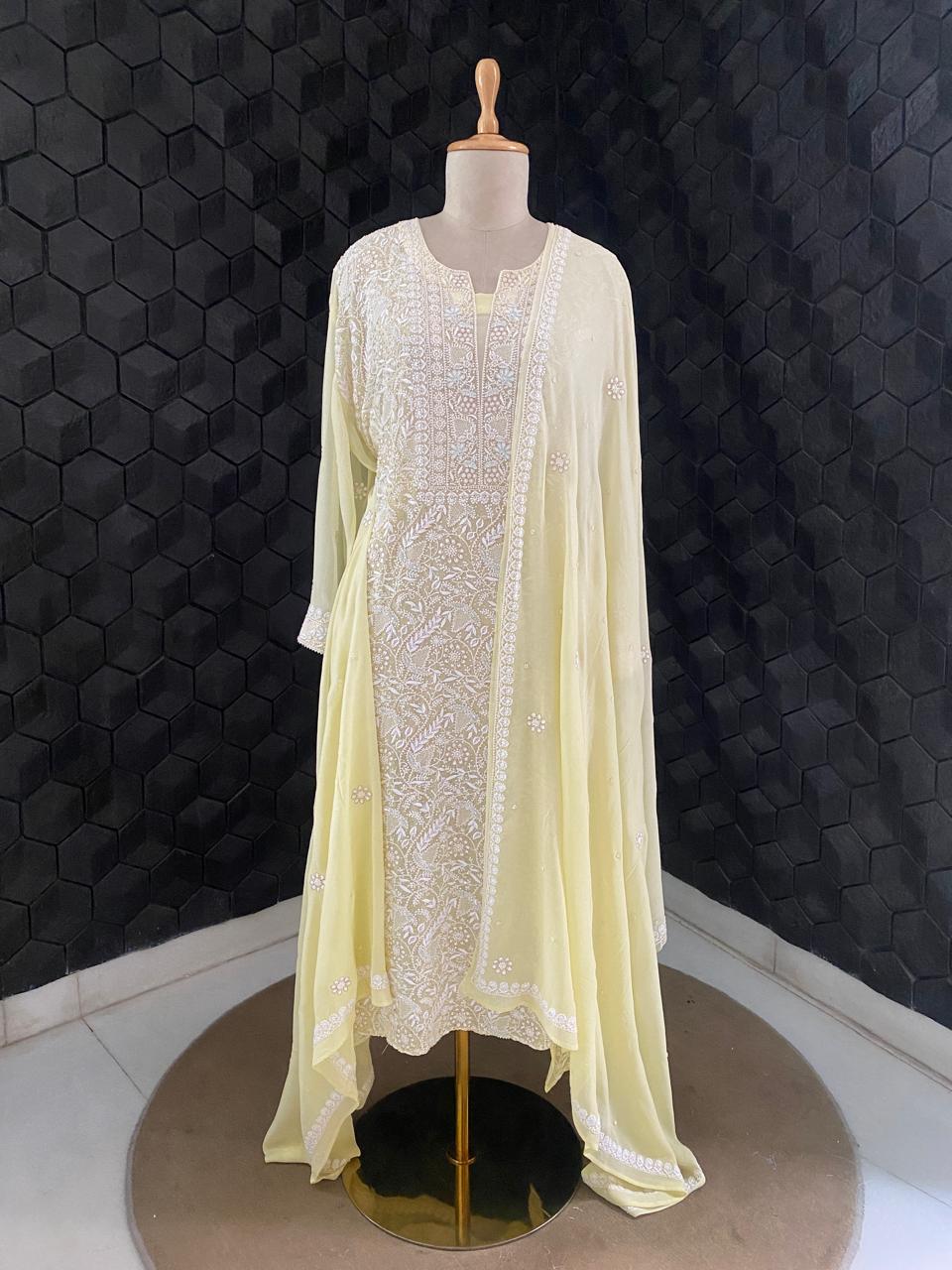 Lemon yellow georgette chikankari Kurta Set