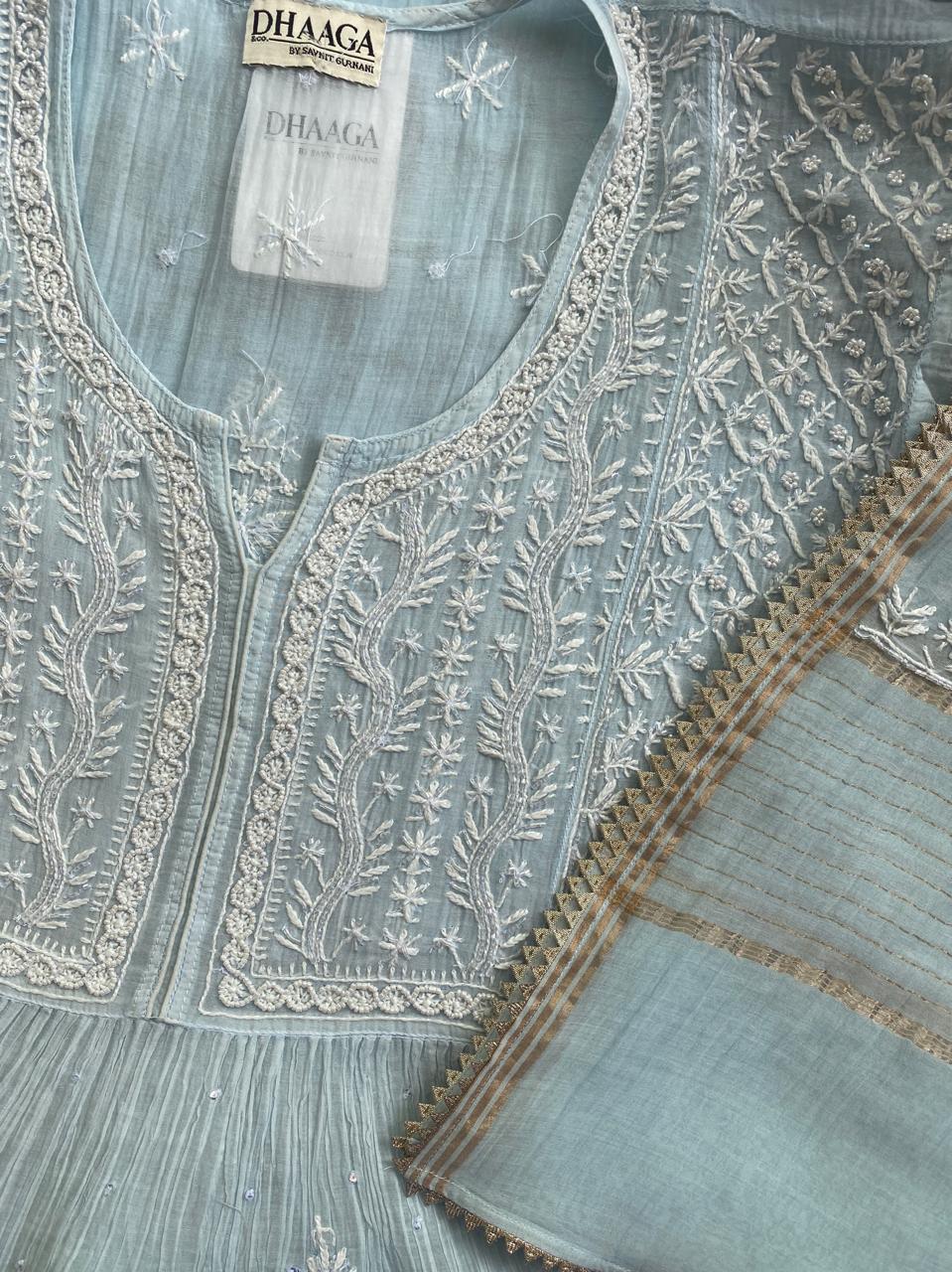 sky blue Mul Chanderi Chikankari A-Line Kurta Set