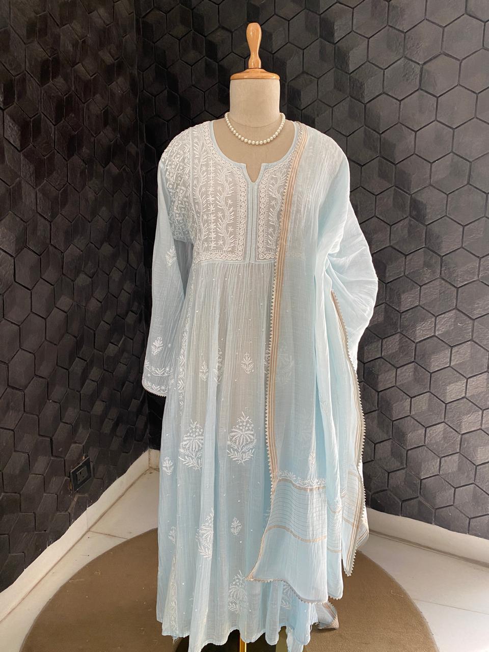 sky blue Mul Chanderi Chikankari A-Line Kurta Set