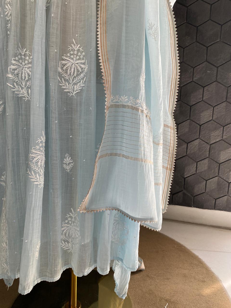 sky blue Mul Chanderi Chikankari A-Line Kurta Set