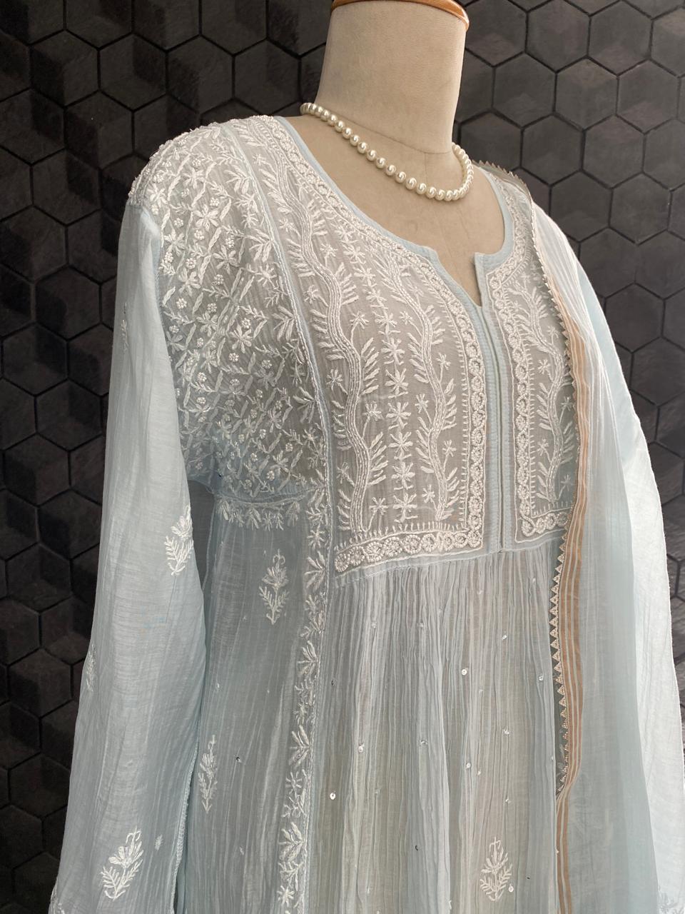 sky blue Mul Chanderi Chikankari A-Line Kurta Set