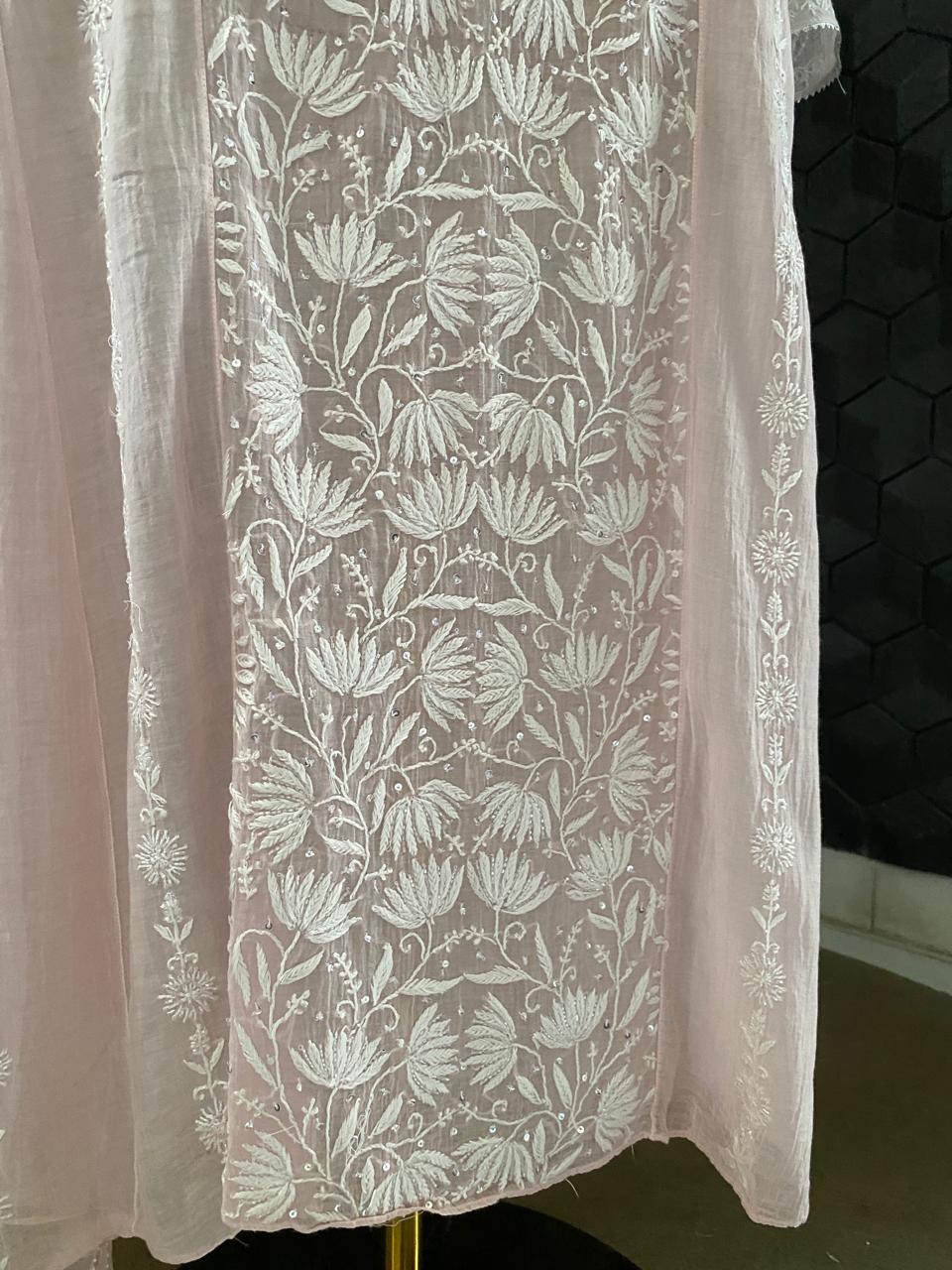 Pink Centre Panel Lotus Chikankari Mul Chanderi Kurta Set