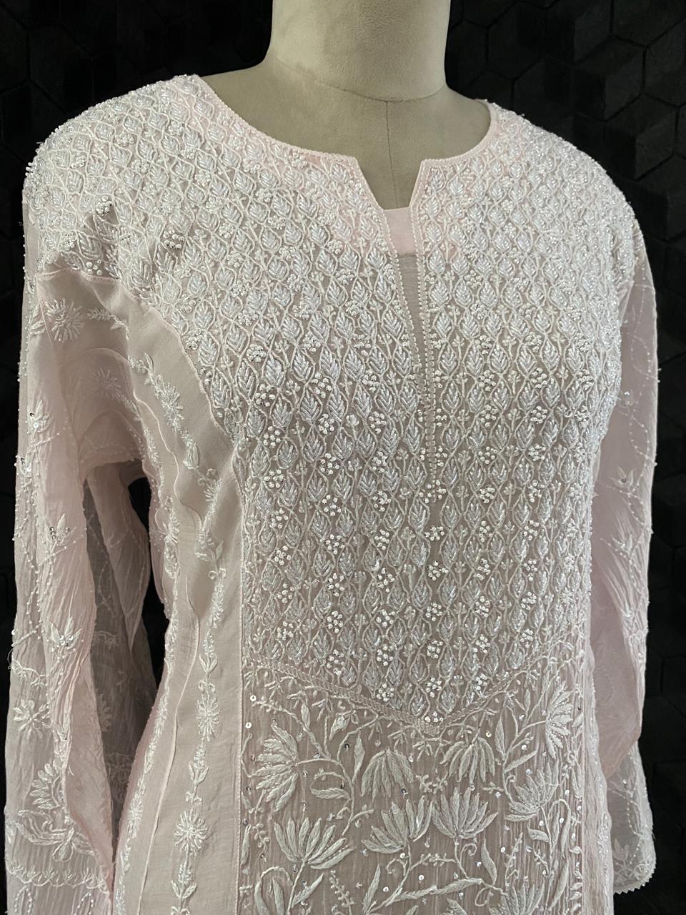 Pink Centre Panel Lotus Chikankari Mul Chanderi Kurta Set