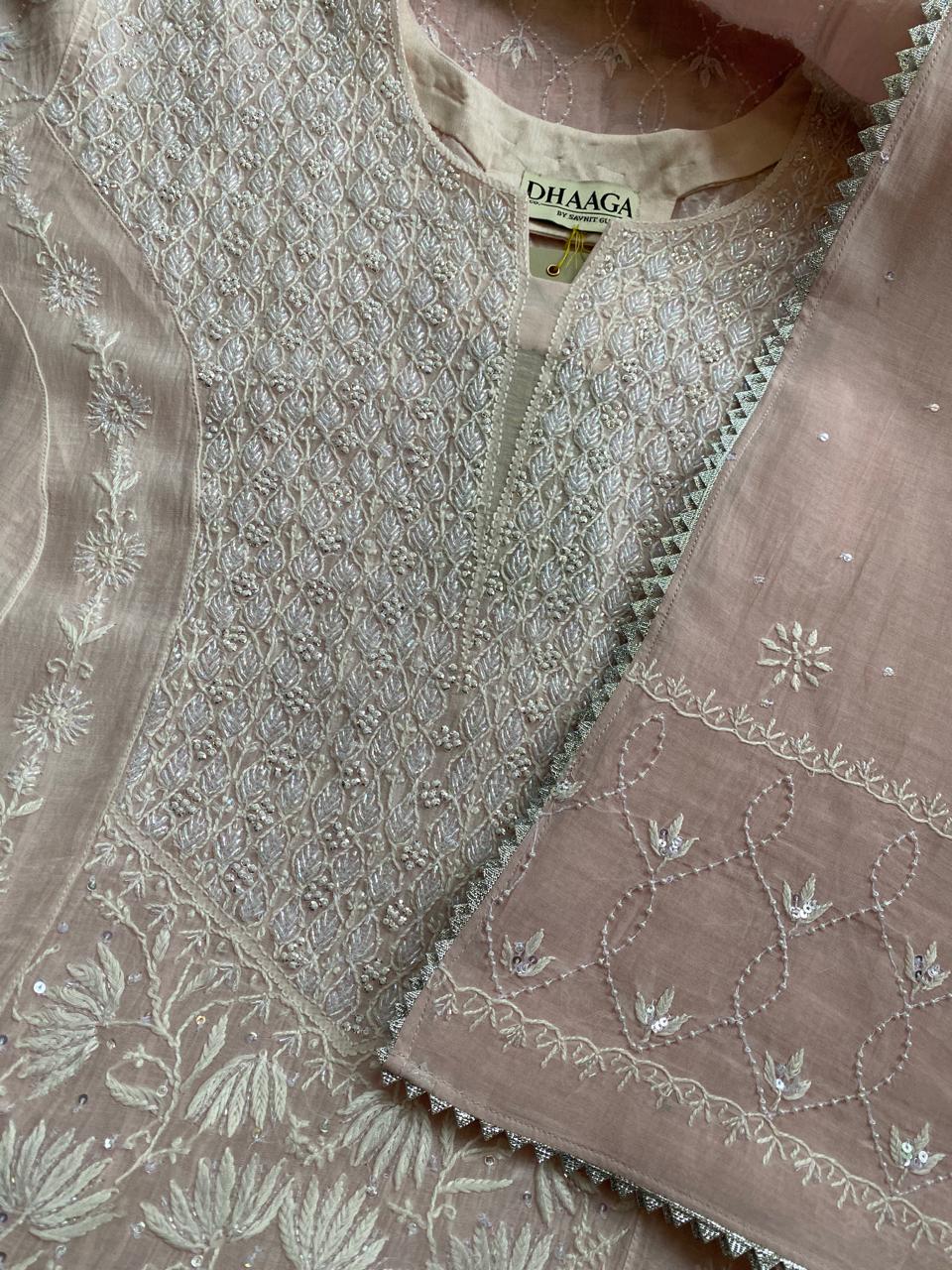 Pink Centre Panel Lotus Chikankari Mul Chanderi Kurta Set