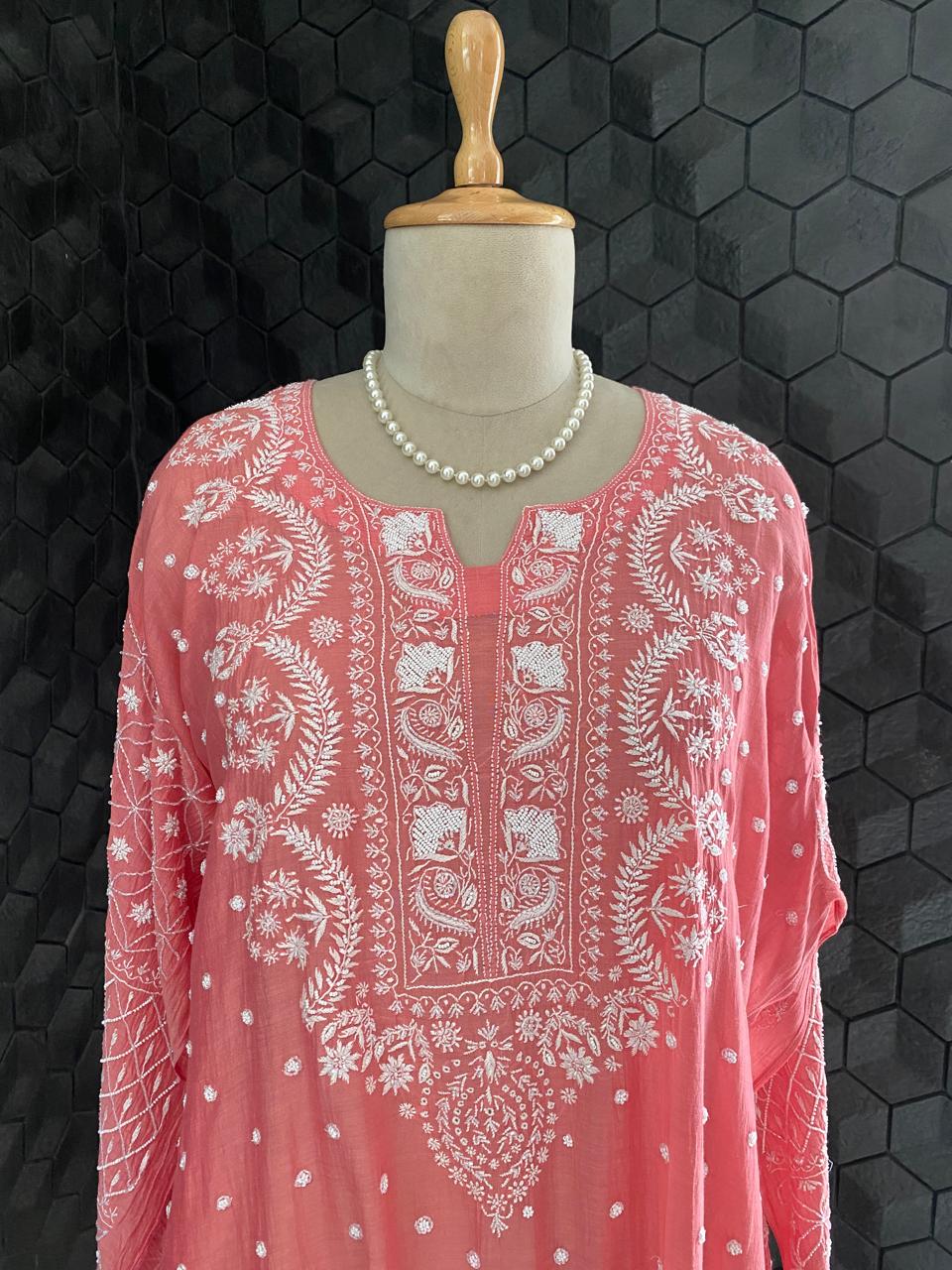 Pink Mul Chanderi Chikankari Kurta Set